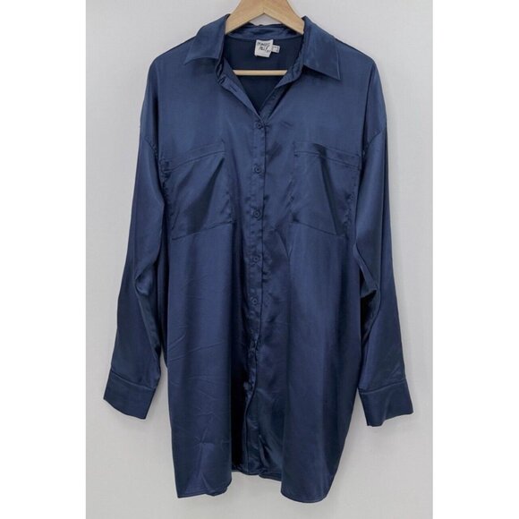 Princess Polly Women’s Navy Blue Satin Button Down Tunic Shirt Size 6‎ Classic - Picture 1 of 10